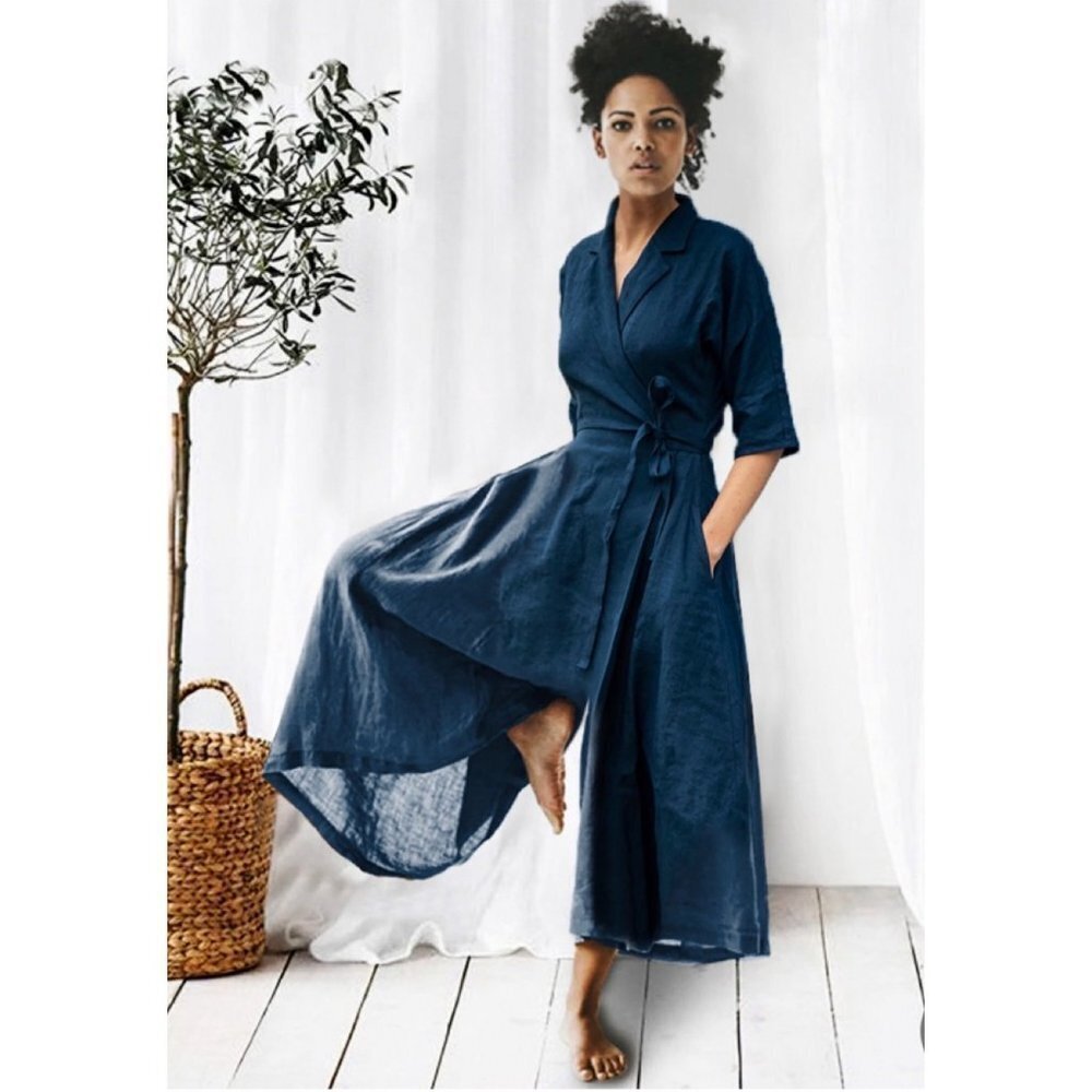 COZINEN Women's Navy Blue Japandi Linen Cotton Mid-Sleeve Jumpsuit Size Small